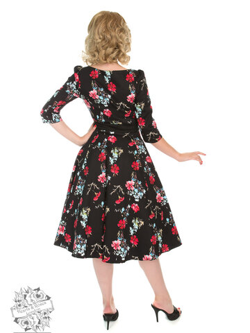 Foto Retro pin up šaty s rukávem Modré a červené květy